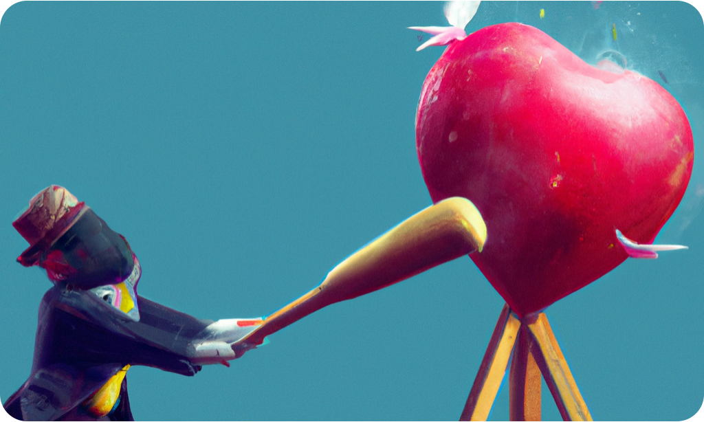 AI-generated images: A blindfolded business man hitting a heart-shaped pinata